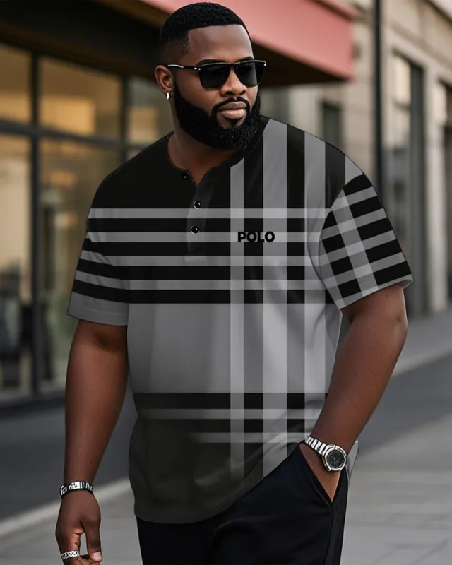 Men's Plus Size Daily Casual Black Plaid Letter Print Henry Collar Button Short Sleeve T-Shirt sold by Biggmans