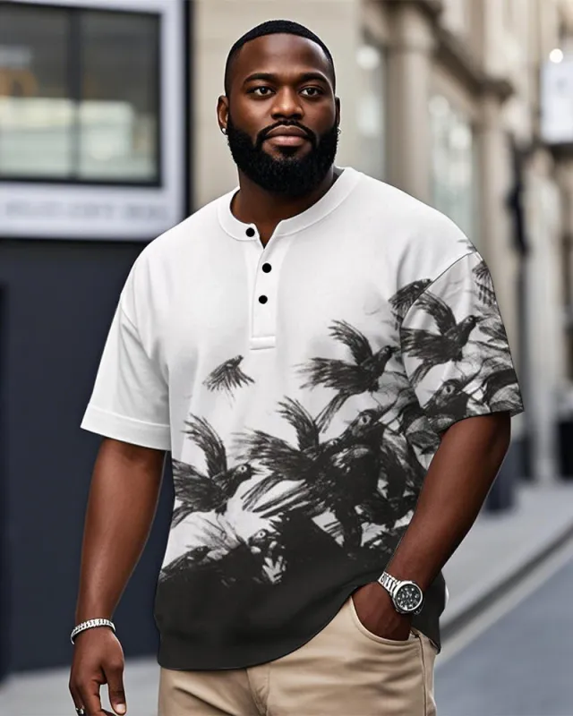 Men's Plus Size Daily Casual Black And White Bird Print Henry Collar Button Short Sleeve T-Shirt sold by Biggmans