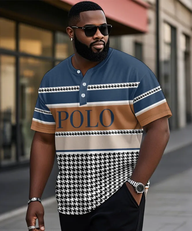Men's Plus Size Casual Daily Blue Colorblock Houndstooth Print Henry Collar Button Short Sleeve T-Shirt sold by Biggmans