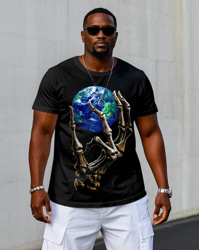 Men's Plus Size Street Fashion Domination Earth Pattern Print Short Sleeve T-Shirt sold by Biggmans