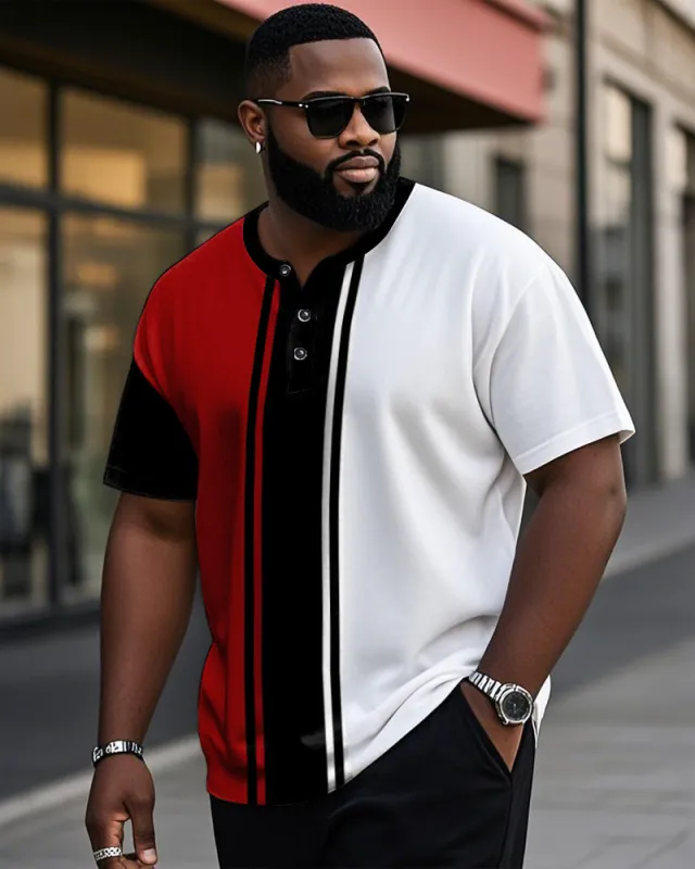 Men's Plus Size Daily Casual Black And Red Stripe Colorblock Printed Henry Collar Button Short Sleeve T-Shirt sold by Biggmans