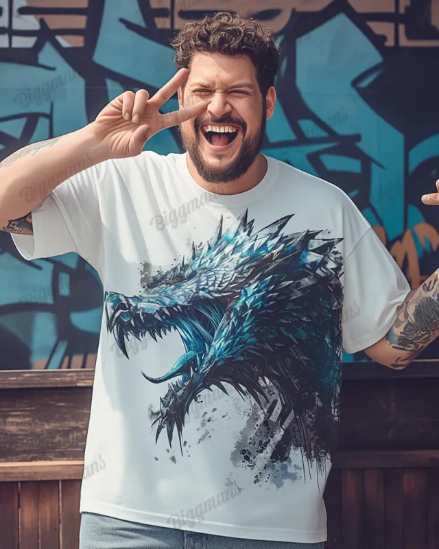 Cotton Fabric-3D Dragon Pattern Men's Loose Big & Tall Short Sleeve T-shirt sold by Biggmans