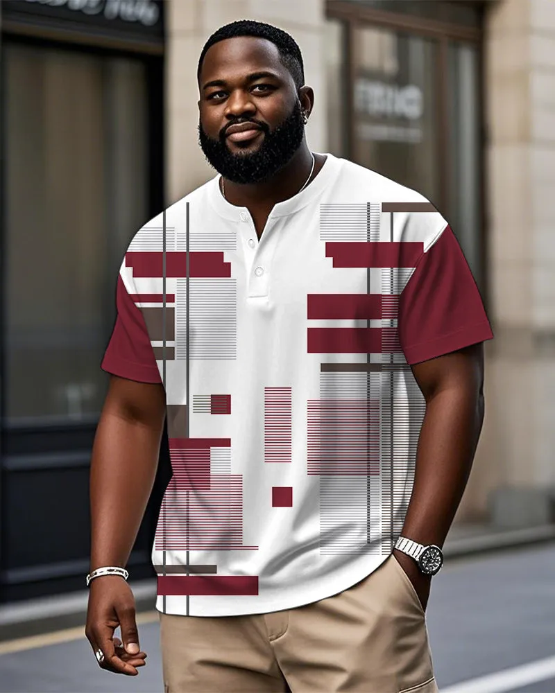 Men's Plus Size Daily Casual Red Geometric Print Henry Collar Button Short Sleeve T-Shirt sold by Biggmans