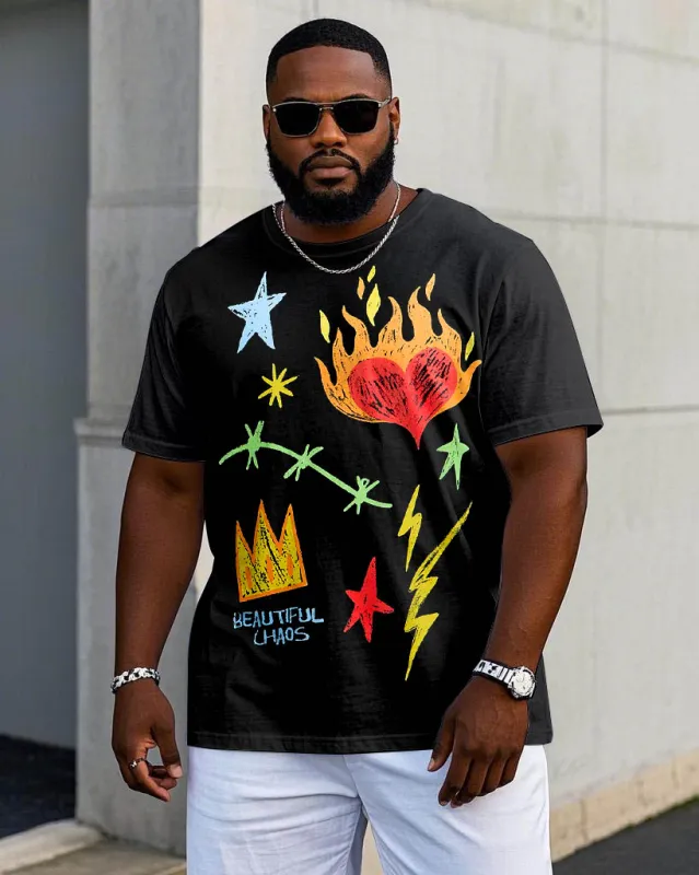 Men's Plus Size Black Hand-painted Graffiti Print Short-sleeve T-shirt sold by Biggmans