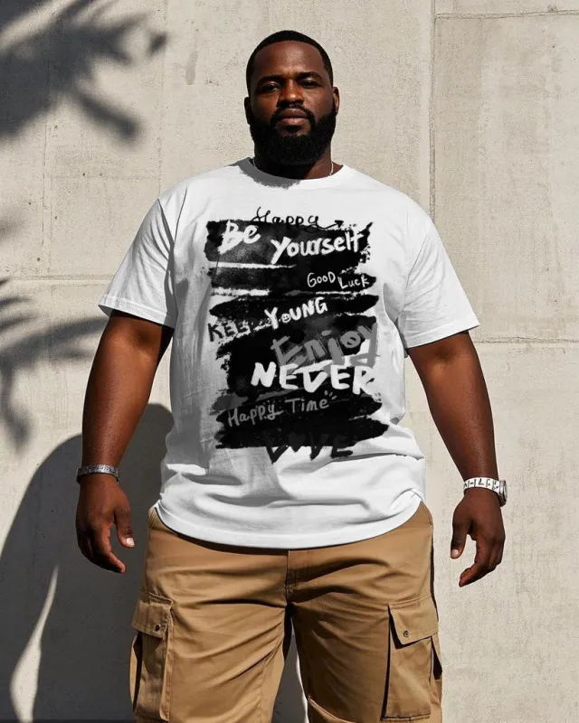 Men's Plus Size Casual White Street Graffiti Chest Print Short Sleeve T-Shirt sold by Biggmans