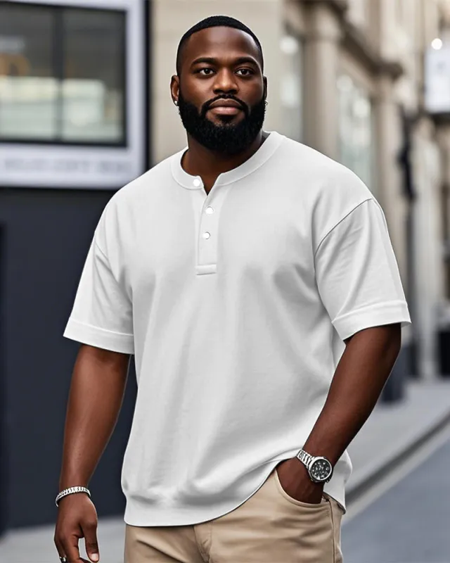 Men's Plus Size Casual Daily Solid Color Henry Collar Button Short Sleeve T-Shirt sold by Biggmans
