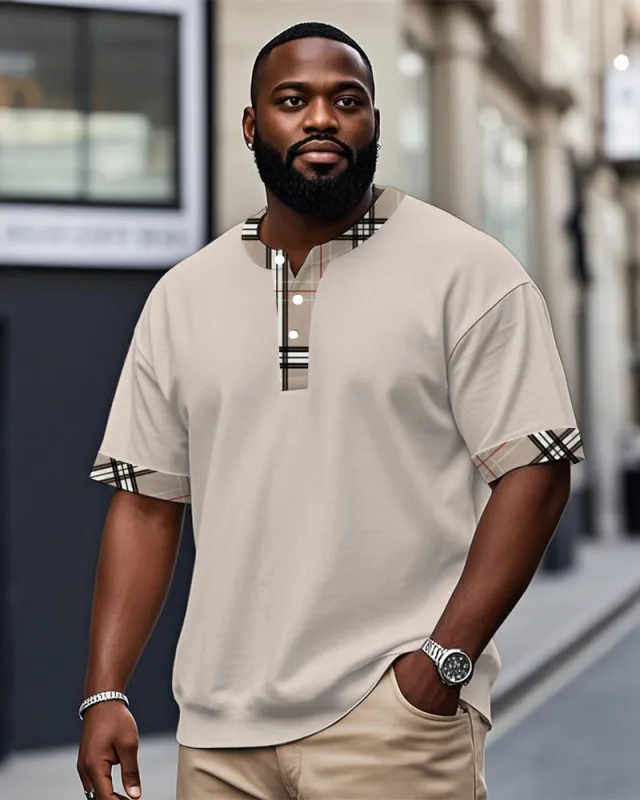 Men's Plus Size Daily Casual Khachi Plaid Print Henry Collar Button Short Sleeve T-Shirt sold by Biggmans