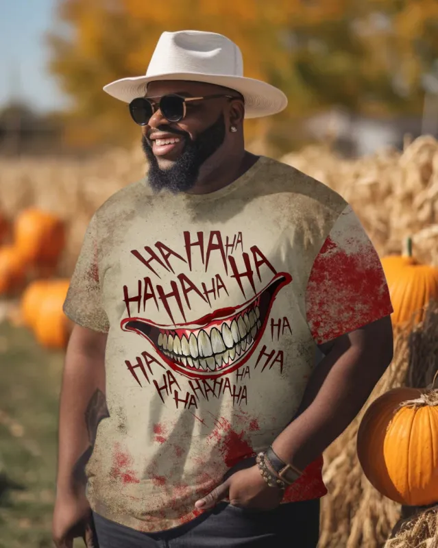 Big Men's Fashion Halloween Hahaha Laughing Mouth Printed Round Neck Short Sleeve T-Shirt sold by Biggmans