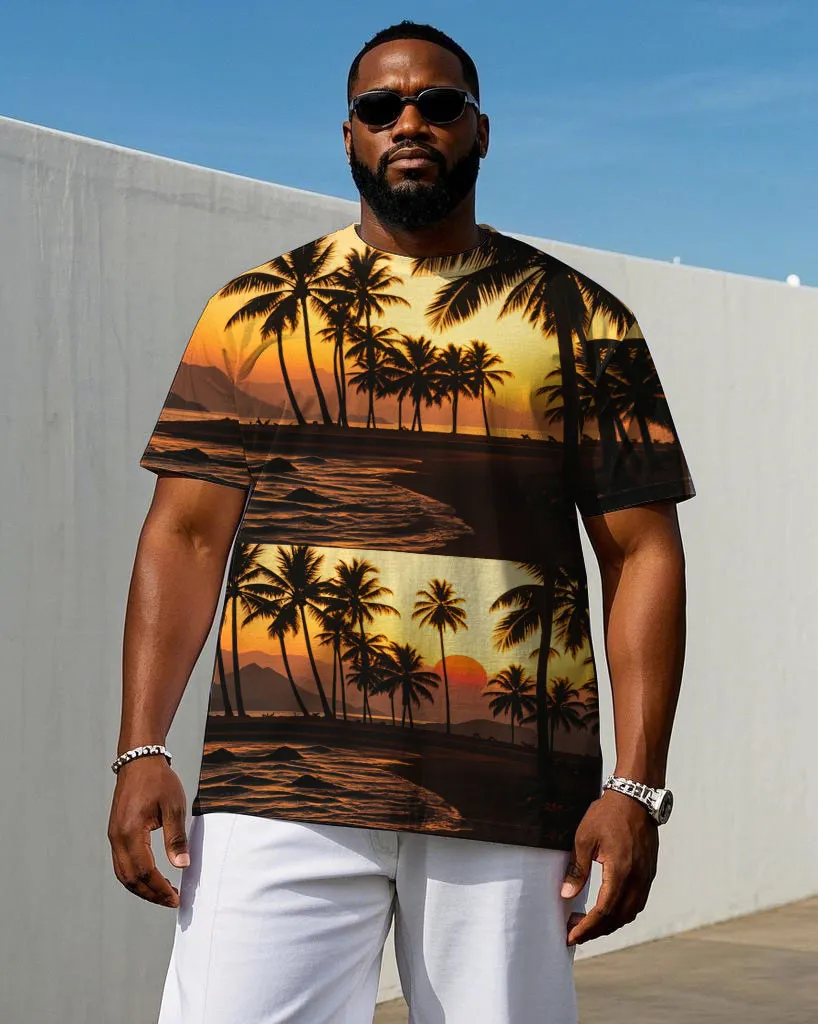 Men's Hawaiian Style Sunset Splicing Printed Round Neck Short Sleeve T-shirt sold by Biggmans