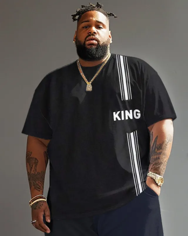 Men's Plus Size Patchwork Striped King Alphabet Round Neck Short Sleeve T-Shirt sold by Biggmans