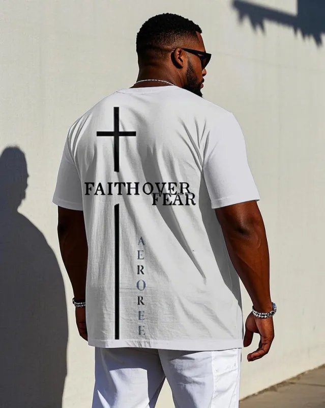 Men's Fashion FAITH OVER FEAR with Cross Back Printed Short Sleeve T-shirt sold by Biggmans