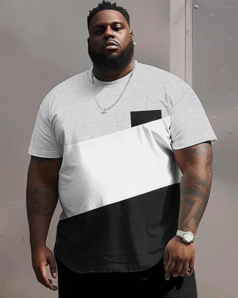Big Guy’s Simple Black And White Gray Color Matching Round Neck Short Sleeve T-shirt sold by Biggmans