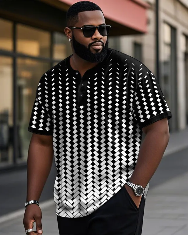 Men's Plus Size Daily Casual Black Gradient Geometric Print Henry Collar Button Short Sleeve T-Shirt sold by Biggmans