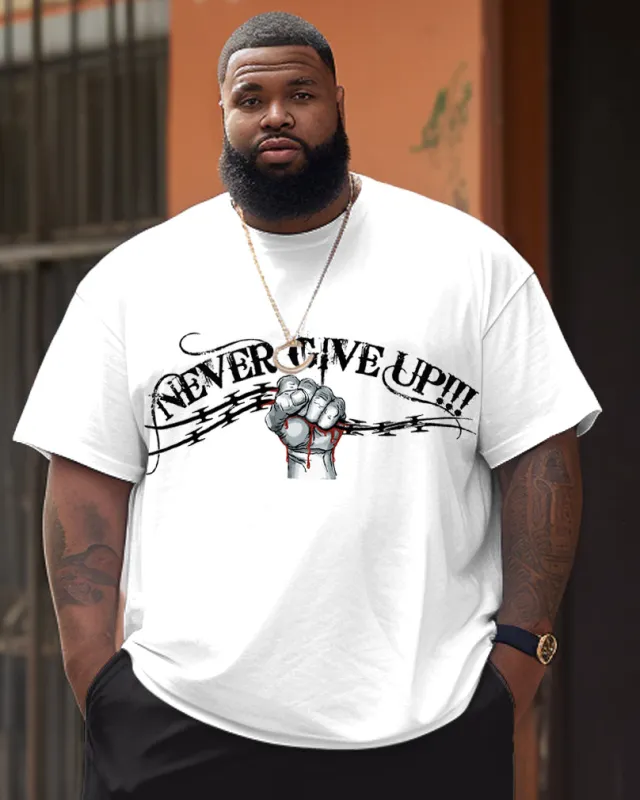 Men's Plus Size Never Give Up Crew Neck Short-sleeved T-shirt sold by Biggmans