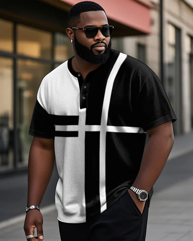 Men's Plus Size Daily Casual Black And White Striped Colorblock Printed Henry Collar Button Short Sleeve T-Shirt sold by Biggmans