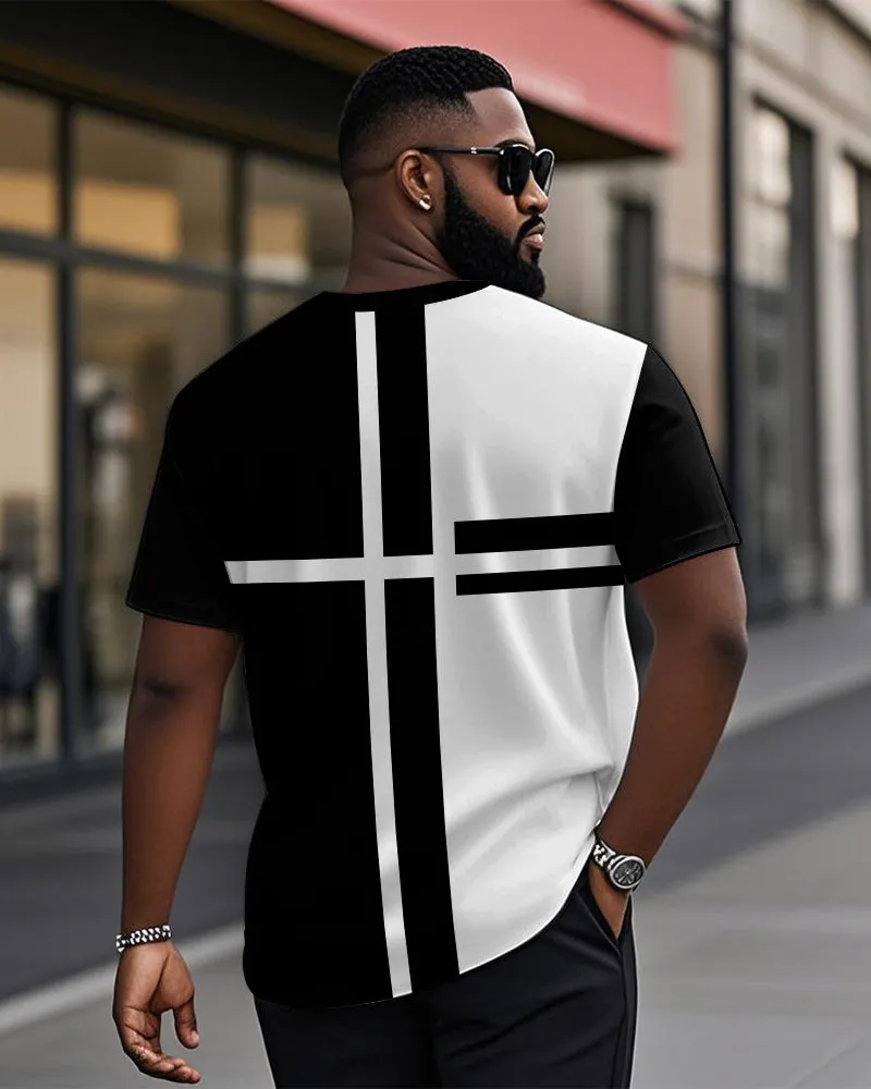 Men's Plus Size Daily Casual Black And White Striped Colorblock Printed Henry Collar Button Short Sleeve T-Shirt sold by Biggmans product image thumbnail 2