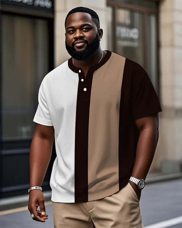 Men's Plus Size Daily Casual Brown Colorblock Stripe Print Henley Collar Button Short Sleeve T-Shirt sold by Biggmans