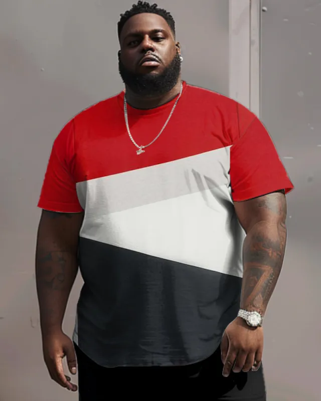 Men's Large Size Simple Color Block Round Neck Short Sleeve T-shirt sold by Biggmans