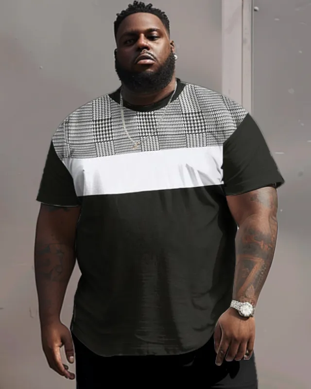 Men's Large Size Simple Plaid Color-block Round Neck Short-sleeve T-shirt sold by Biggmans