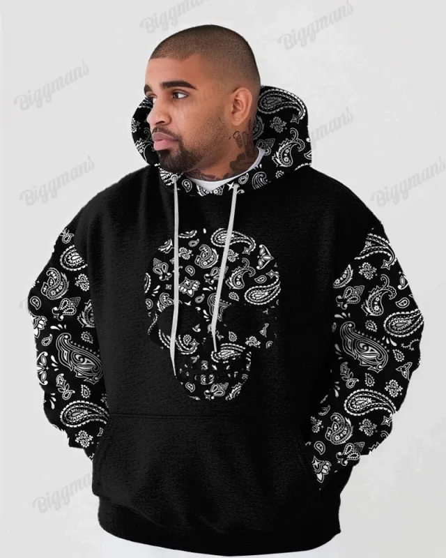 Cashew Flower Skull Splicing Printed Sleeve Hoodie Men's Big and Tall sold by Biggmans