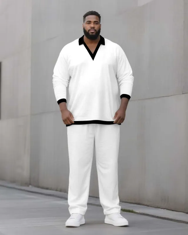Big & Tall Men's Solid Color POLO V-Neck Long Sleeve Pants Two-Piece Set sold by Biggmans