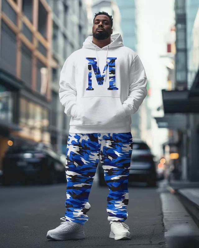 Men's Street Fashion Blue Camouflage Letter M Print Plus Size Hoodie Suit sold by Biggmans