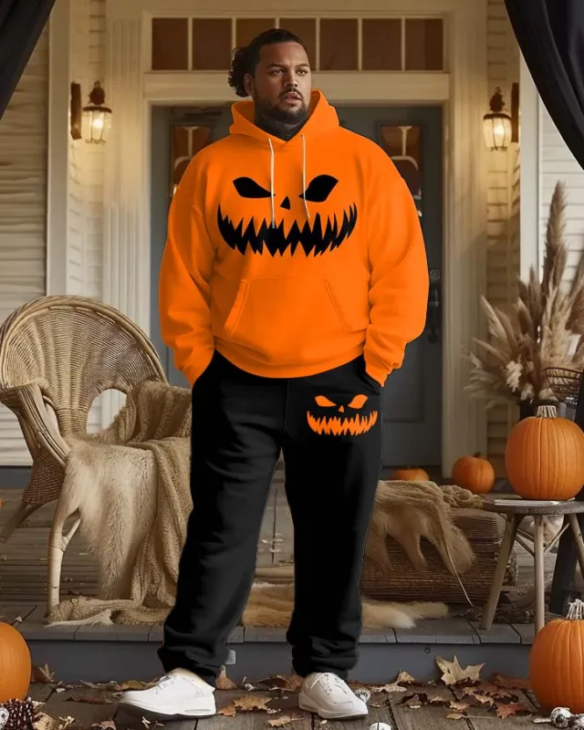 Menswear Halloween Simple Evil Smiley Graffiti Print Big and Tall Hoodie Set sold by Biggmans