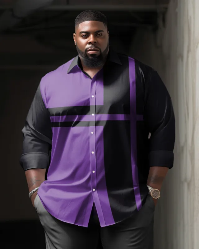 Men's Plus Size Striped Purple Contrast Color Long Sleeve Lapel Shirt sold by Biggmans