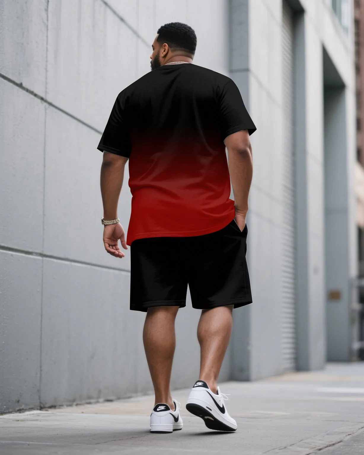 Men's Plus Size Casual Black & Red Chest Gradient Fashion Round Neck Short Sleeve T-Shirt Shorts Suit sold by Biggmans product image thumbnail 4