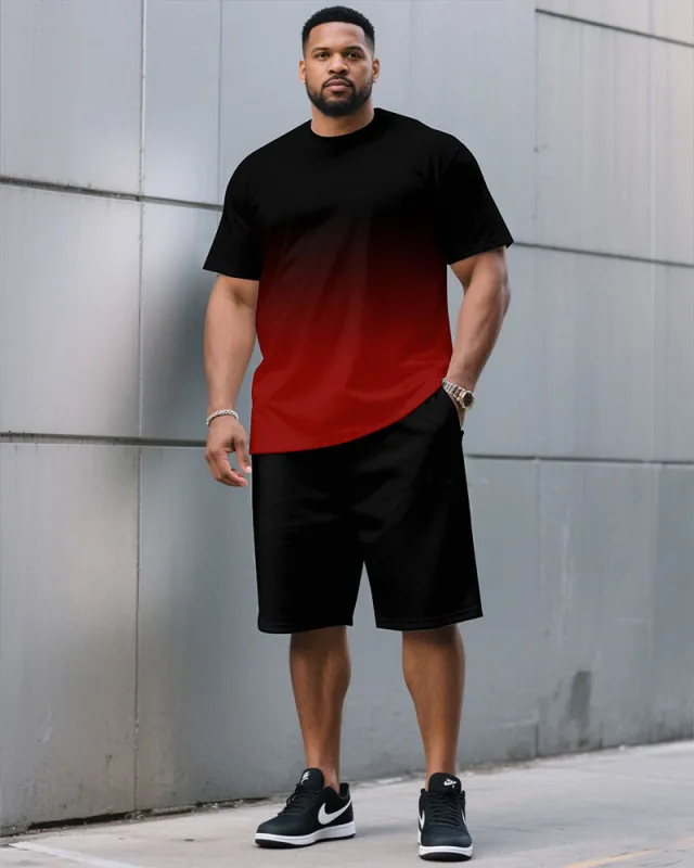 Men's Plus Size Casual Black & Red Chest Gradient Fashion Round Neck Short Sleeve T-Shirt Shorts Suit sold by Biggmans