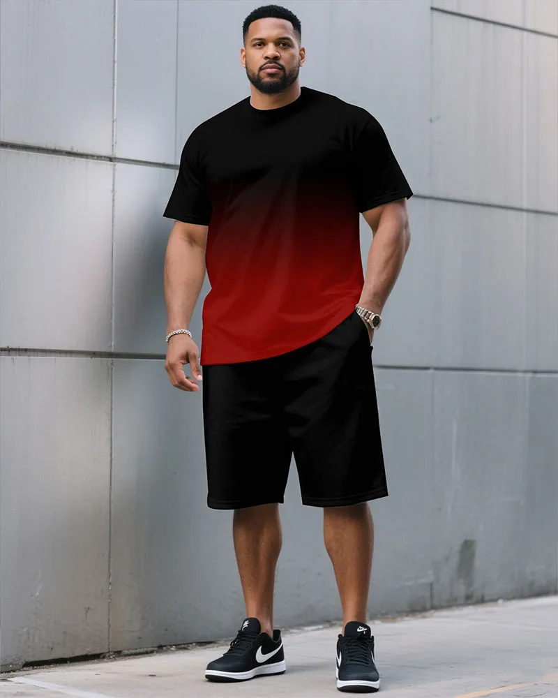 Men's Plus Size Casual Black & Red Chest Gradient Fashion Round Neck Short Sleeve T-Shirt Shorts Suit sold by Biggmans