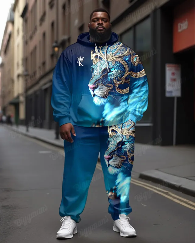Big Men's Street Fashion Blue Lion K Letter Print Hoodie Set sold by Biggmans