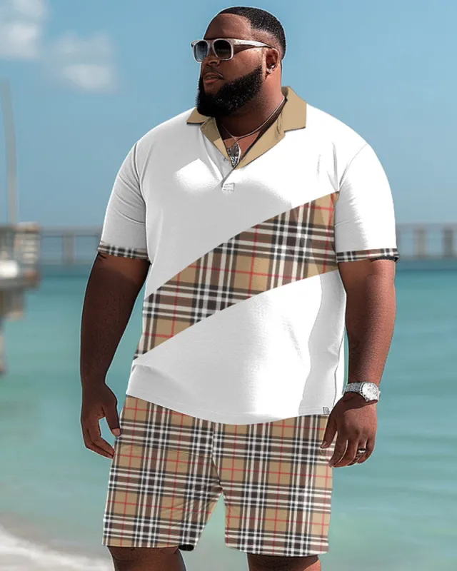 Men's Plus Size Casual Plaid Colorblock Polo Shirt and Shorts Set sold by Biggmans