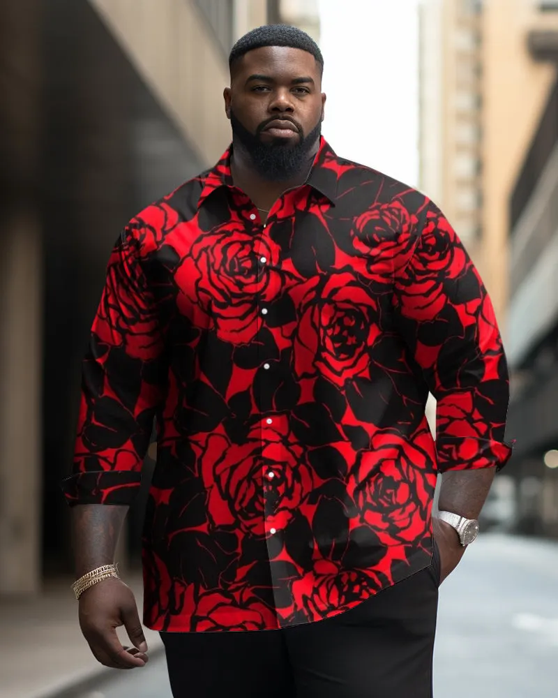 Men's Big and Tall Red & Black Rose Romantic Unique Lapel Long-Sleeved Shirt sold by Biggmans