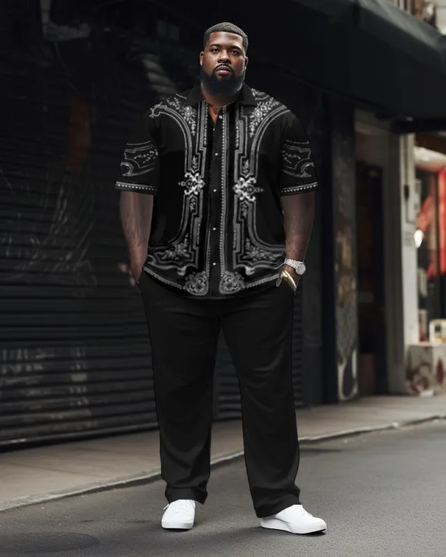 Big Men Elegant Classic Geometric Black Short Sleeve Shirt Pants Set sold by Biggmans