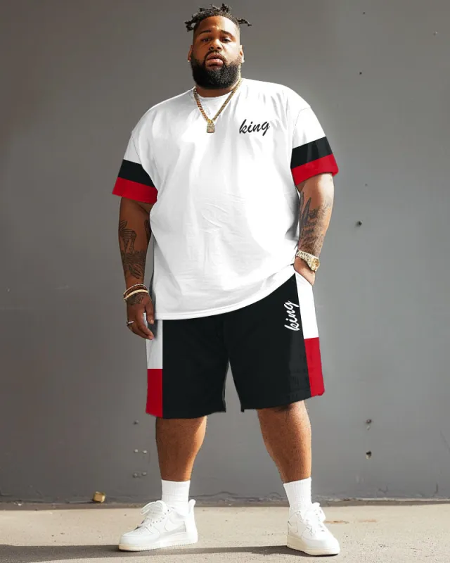 Big Guys Casual Simple Red And Black Color Block King Printed T-Shirt Shorts Set sold by Biggmans