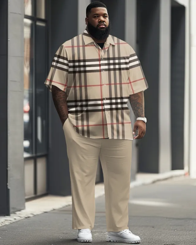 Big Men's Causal Plaid Short Sleeve Shirt and Trousers Set made by Biggmans