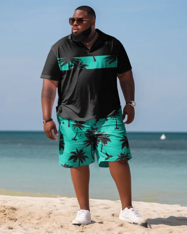 Big Men Hawaiian Art Coconut Color Block Polo Shirt And Shorts Two-Piece Set sold by Biggmans