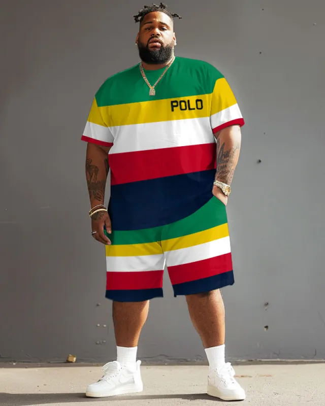Big Guy's Polo Color Stripes T-Shirt Shorts Set sold by Biggmans