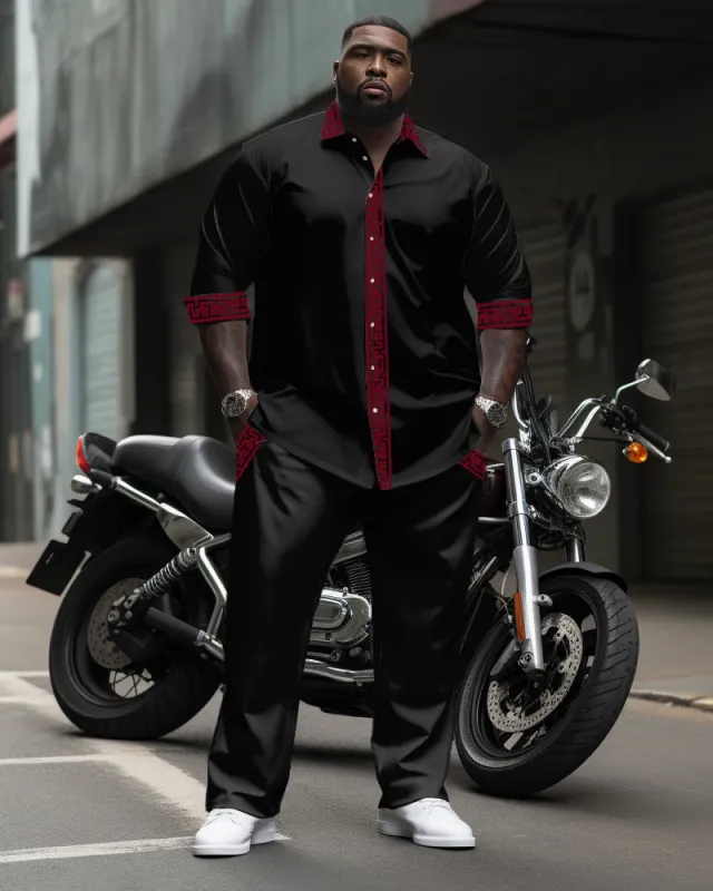 Men's Plus Size Simple Contrast Long Sleeve Lapel Shirt 2-Piece Set sold by Biggmans