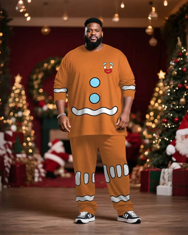 Big & Tall Men's Christmas Gingerbread Man Cosplay Printed Long Sleeve T-Shirt Trousers Suit sold by Biggmans