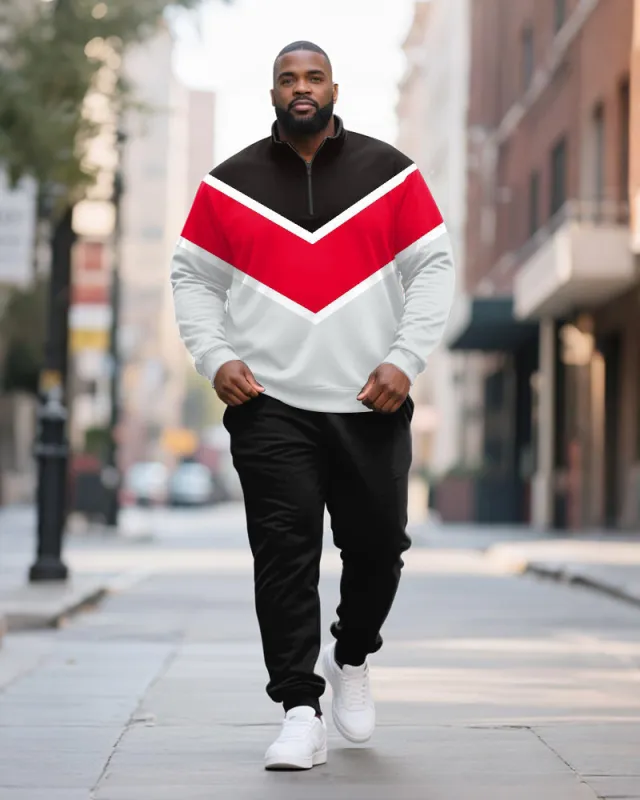 Big & Tall Men's Black And Red Striped Contrast Printed POLO Collar Zipper Long Sleeve Pants Two-piece Set sold by Biggmans