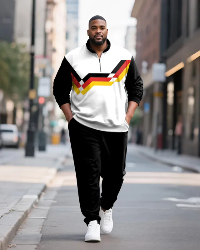 Big & Tall Men's Black, Red And Yellow Striped Contrast Printed POLO Collar Zipper Long Sleeve Pants Two-piece Set sold by Biggmans