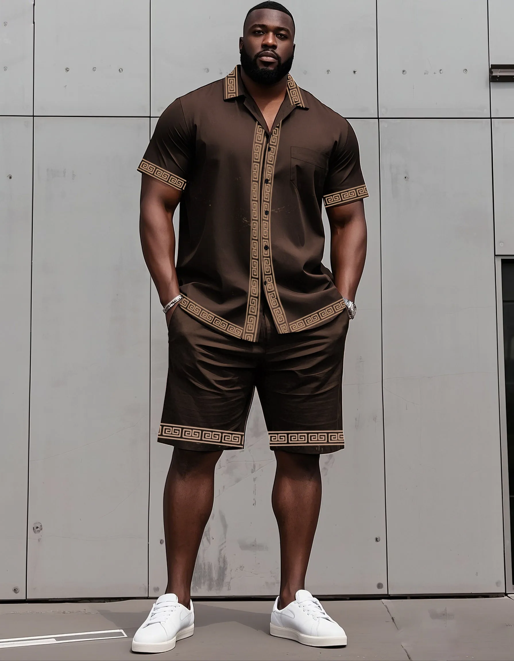 Big Man's Retro Daily Casual Edge Color Block Printing Short Sleeve Shirt Shorts Suit sold by Biggmans product image thumbnail 3