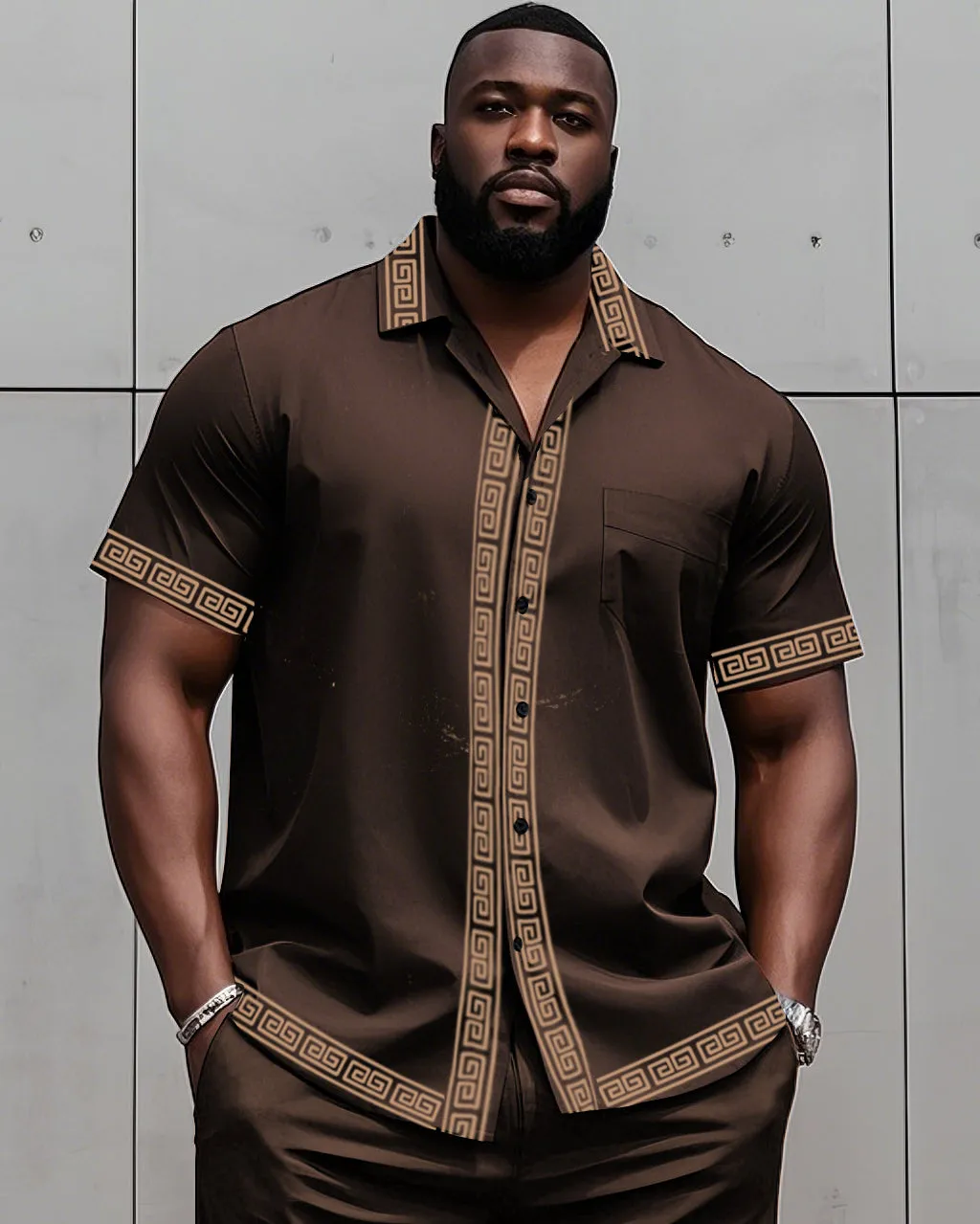 Big Man's Retro Daily Casual Edge Color Block Printing Short Sleeve Shirt Shorts Suit sold by Biggmans product image thumbnail 4