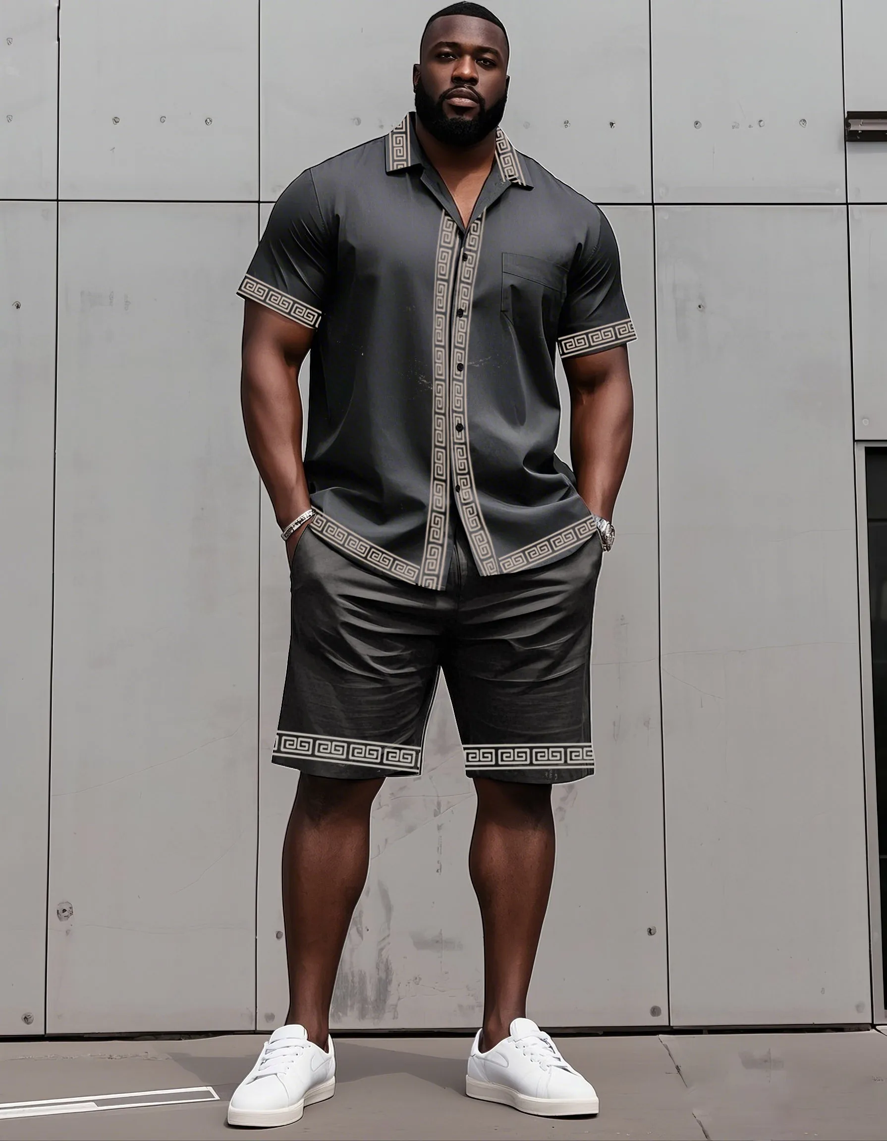 Big Man's Retro Daily Casual Edge Color Block Printing Short Sleeve Shirt Shorts Suit sold by Biggmans product image thumbnail 2