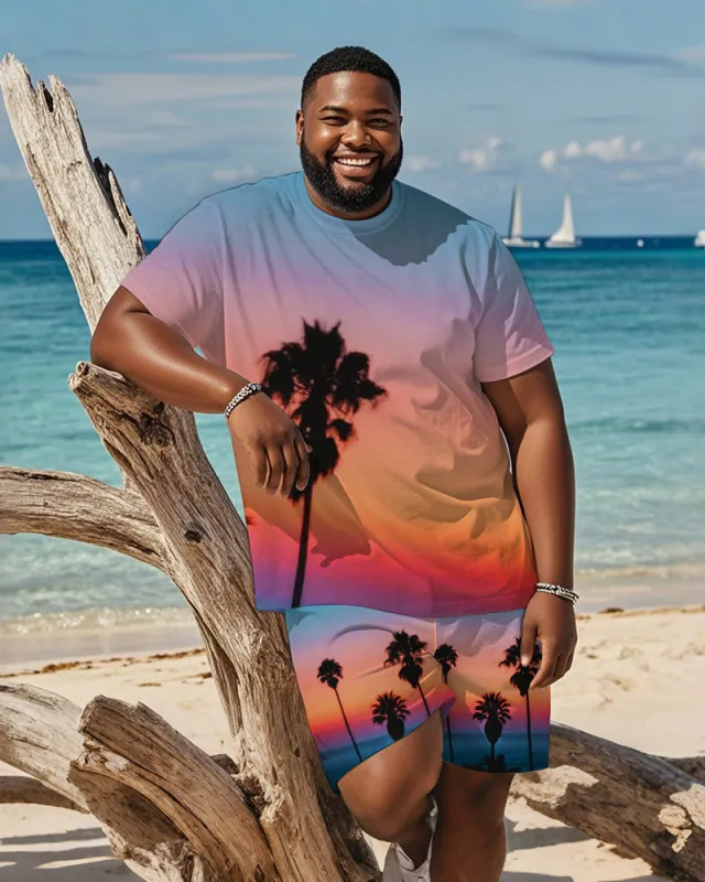Men's Plus Size Hawaiian Gradient Sunset Coconut Tree Print Short-sleeved T-shirt Shorts Suit sold by Biggmans