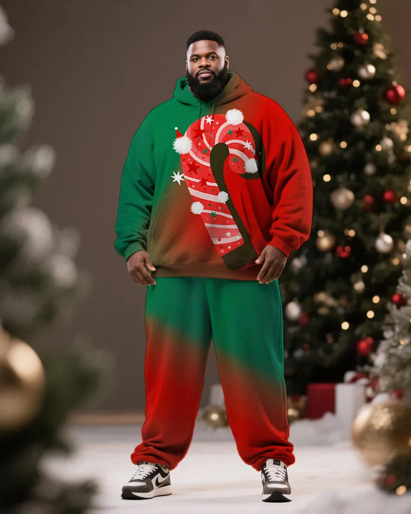 Big & Tall Men's Christmas Red Green Gradient Candy Print Hoodie Suit sold by Biggmans