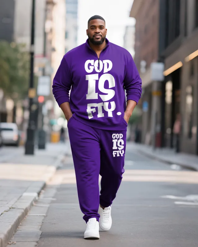 Big & Tall Men's GOD IS FIY Letter Print POLO Collar Zipper Long Sleeve Pants Two-Piece Set sold by Biggmans