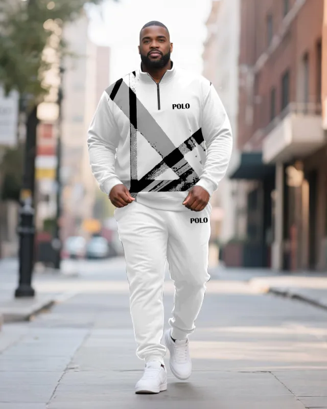 Big & Tall Men's Black And White Geometric Letter Printed POLO Collar Zipper Long Sleeve Pants Two-piece Set sold by Biggmans